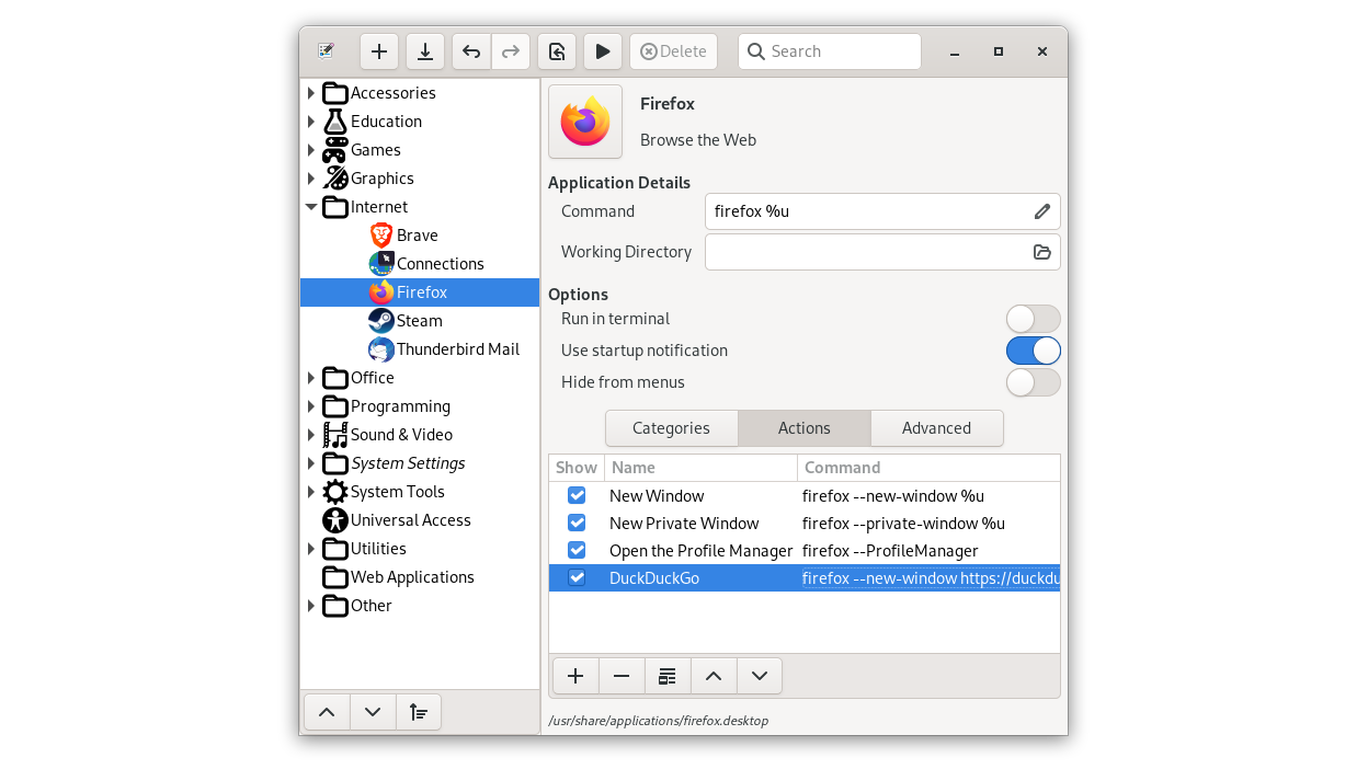 The Actions tab manages desktop actions, like Firefox's private-window shortcut.