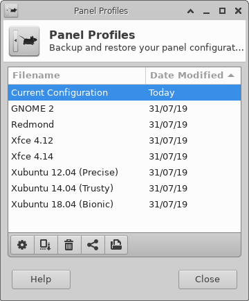 The main application window enables browsing, creating, applying, deleting, and exported saved panel configurations.