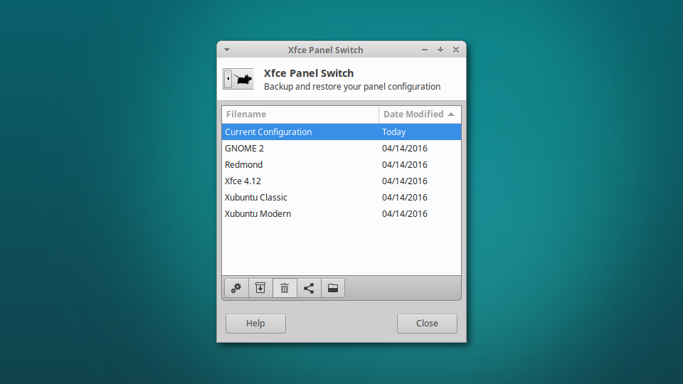 The main application window enables browsing, creating, applying, deleting, and exported saved panel configurations.